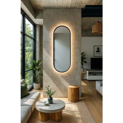 Lustro VELVET OVAL – Owalne Lustro w Matowej Czarnej Ramie MDF z podświetleniem LED do Sypialni, Przedpokoju i Salonu Biura